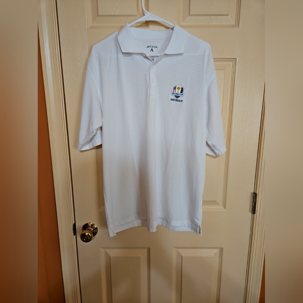 Mens Antigua White Checkered Ryder Cup 2012 Medinah Short Sleeve Polo Size M